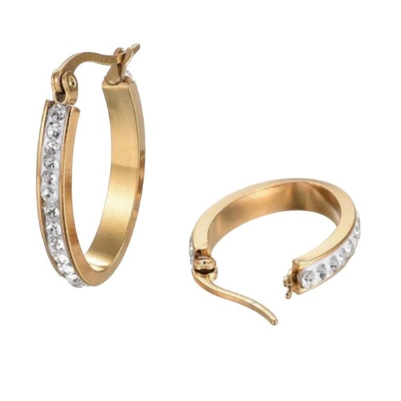 1 Inch 26mm Crystal Oval Hoop Pierced Post Earrings Gold Tone - Picture 2 of 5